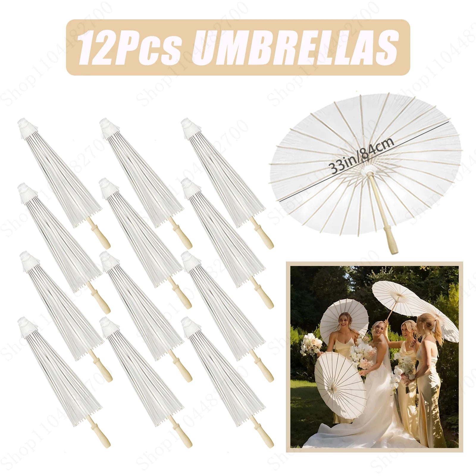 12-90PC 84CM White Paper Umbrella Parasol & Folding Hand Fan Set