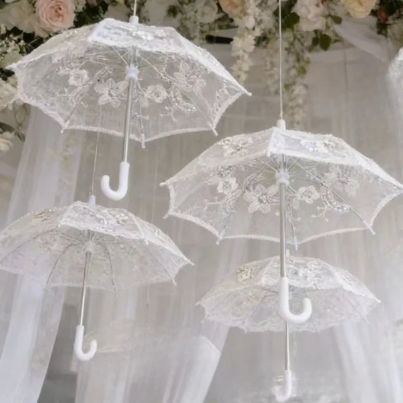 8PC Mini White Embroidered Umbrellas
