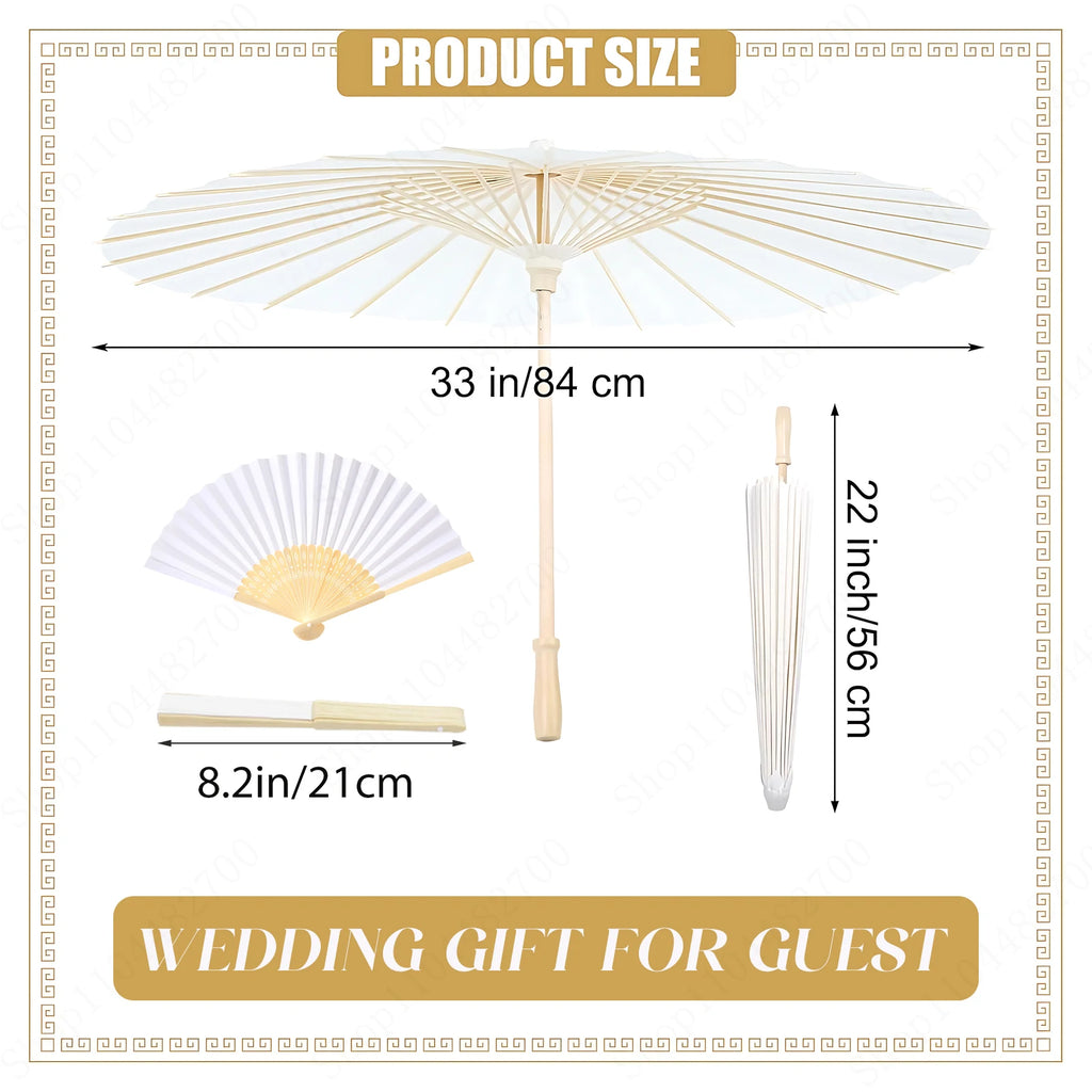 12-90PC 84CM White Paper Umbrella Parasol & Folding Hand Fan Set