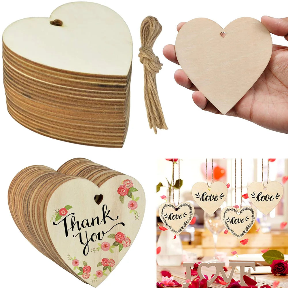 10/20/60PC Wooden Blank Heart DIY Crafts with Natural Twine