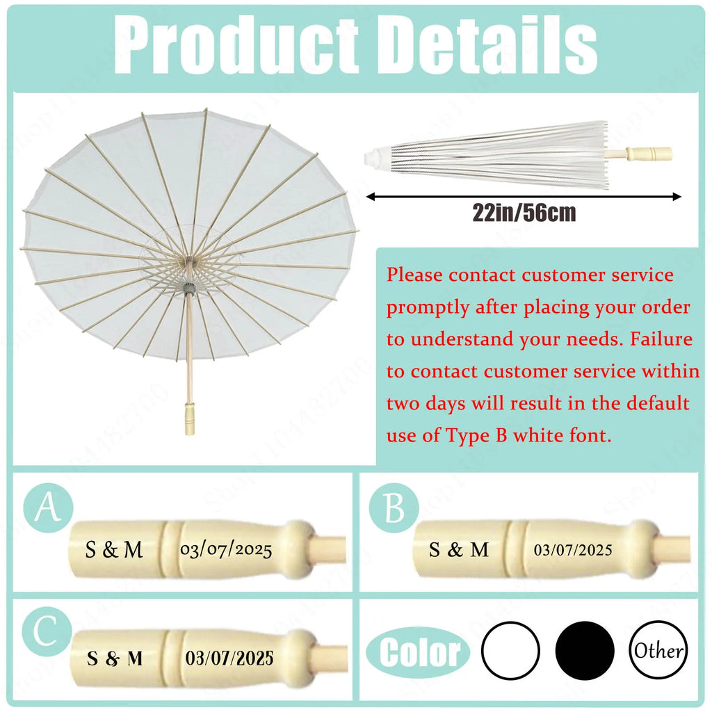 Product details of a white paper umbrella with customizable options on a light blue background.