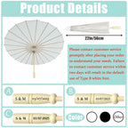 Product details of a white paper umbrella with customizable options on a light blue background.